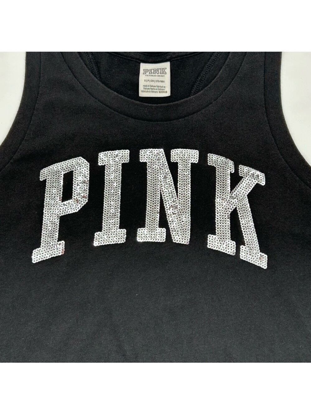 Victoria's Secret PINK Black Sequin Logo Racerback Tank Top Small - Picture 4 of 11